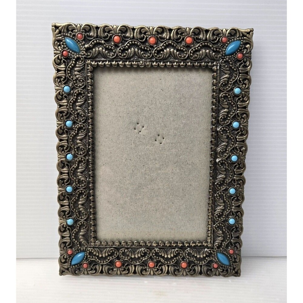 Vintage Ornate Metal Photo Picture Frame Filigree Faux Turquoise Coral Beads 4x6